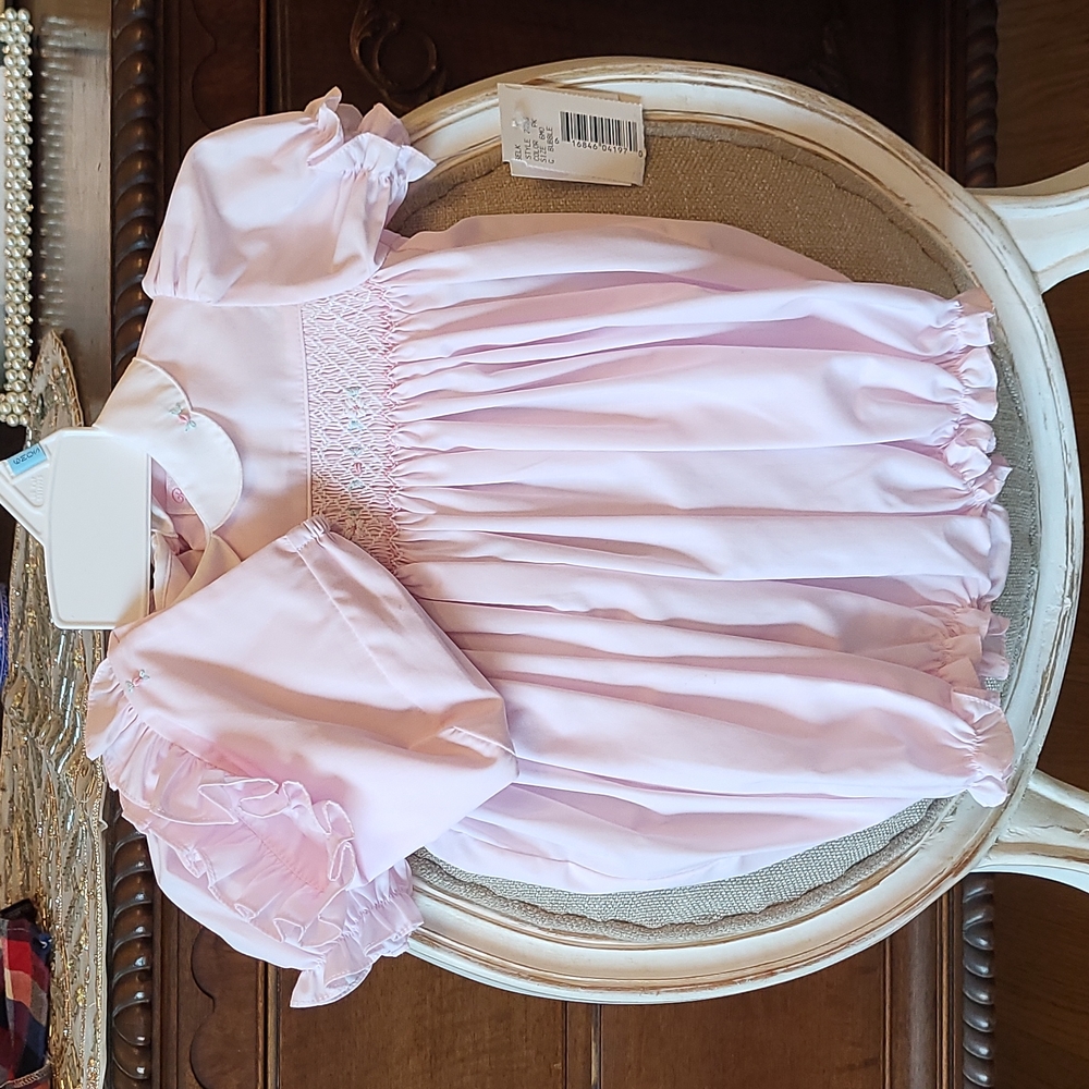 NWT Petit Ami Smocked Embroidered Pink Bubble w/Matching Bonnet 6 Months